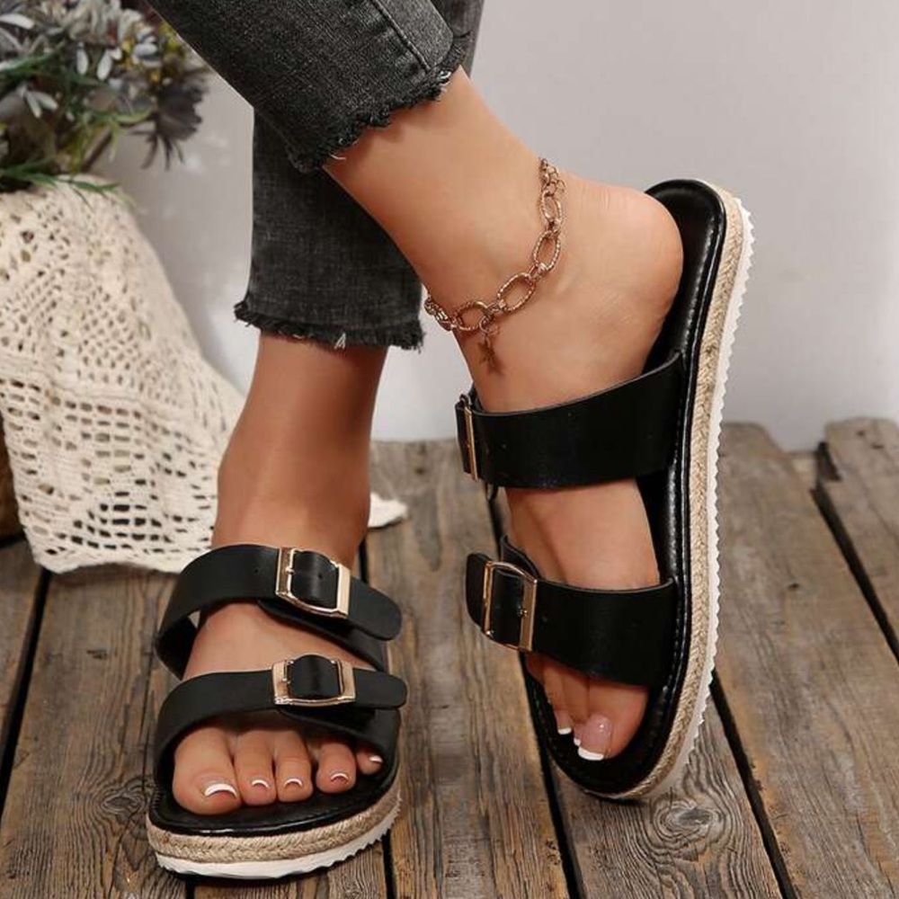 Women's Black Double Buckle Slide Sandals